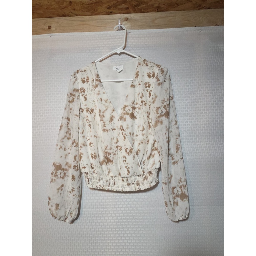 Japna Women's Medium M cropped Long Sleeve V-neckline Elastic ‎ Coffee Blouse